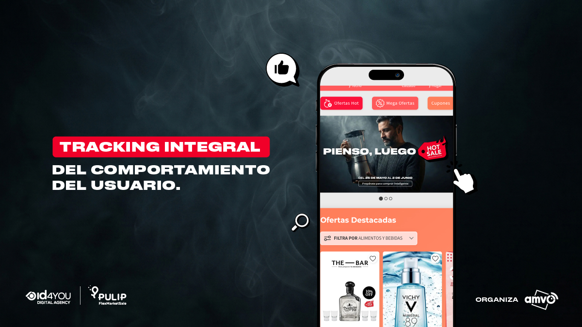 Ilustración de un smartphone mostrando la app de Hot Sale con el título "Tracking integral del comportamiento del usuario".