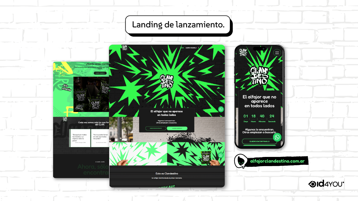 Muestras de diseño web para la landing page de lanzamiento de Alfajor Clandestino en versión de escritorio y pantalla de teléfono móvil. El sitio presenta un diseño gráfico urbano en verde neón y negro con un temporizador de cuenta regresiva.