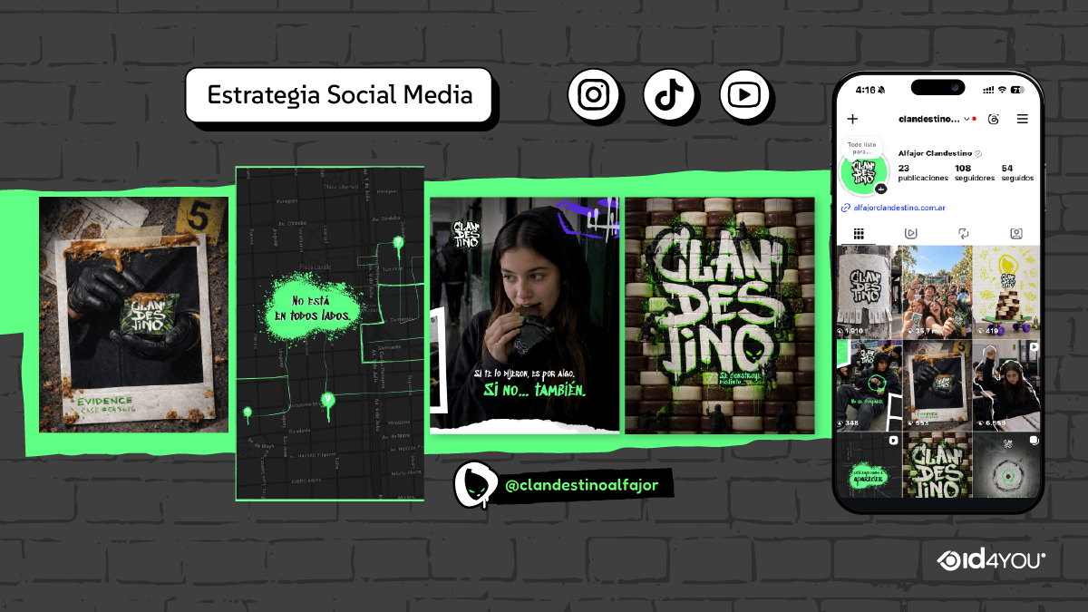 Ejemplos de publicaciones e historias para la estrategia de redes sociales de Clandestino en Instagram y TikTok. Incluye imágenes promocionales estilo fotográfico e investigación, un mapa interactivo y la vista del perfil de la marca en un smartphone.