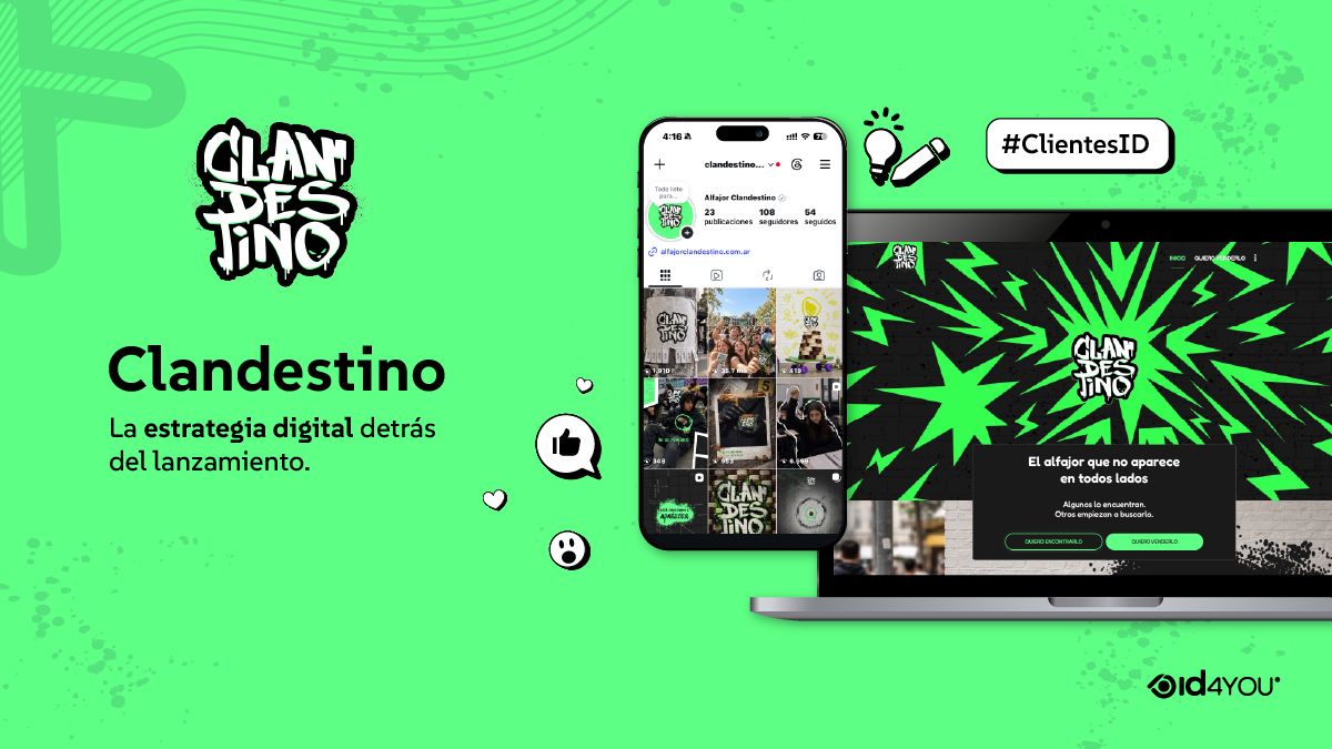 Imagen de portada sobre fondo verde neón con el logo de Clandestino y el texto "La estrategia digital detrás del lanzamiento". Muestra maquetas de la landing page en una computadora portátil y el perfil de redes sociales en un teléfono móvil.