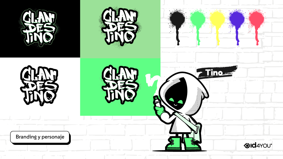 Muestra de la identidad visual de la marca con variaciones del logo estilo graffiti sobre fondos negro y verde, la paleta de colores de pintura en aerosol y la ilustración del personaje "Tino", una figura encapuchada con una lata de aerosol.