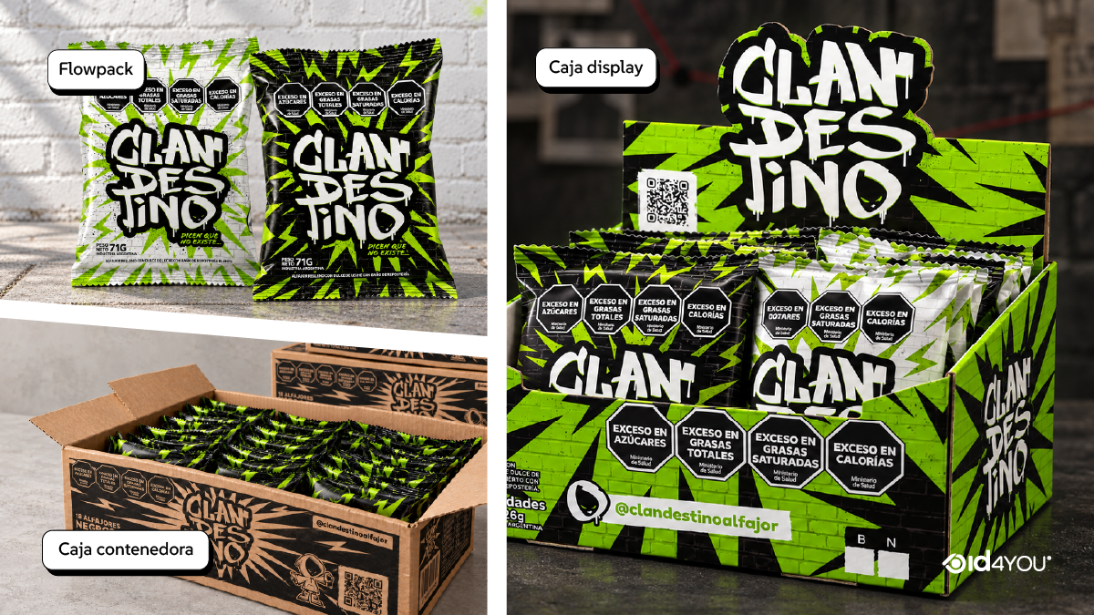 Presentación del packaging de Clandestino que incluye envoltorios individuales flowpack de alfajor blanco y negro, una caja display exhibidora para punto de venta en verde neón y una caja contenedora de cartón para distribución.