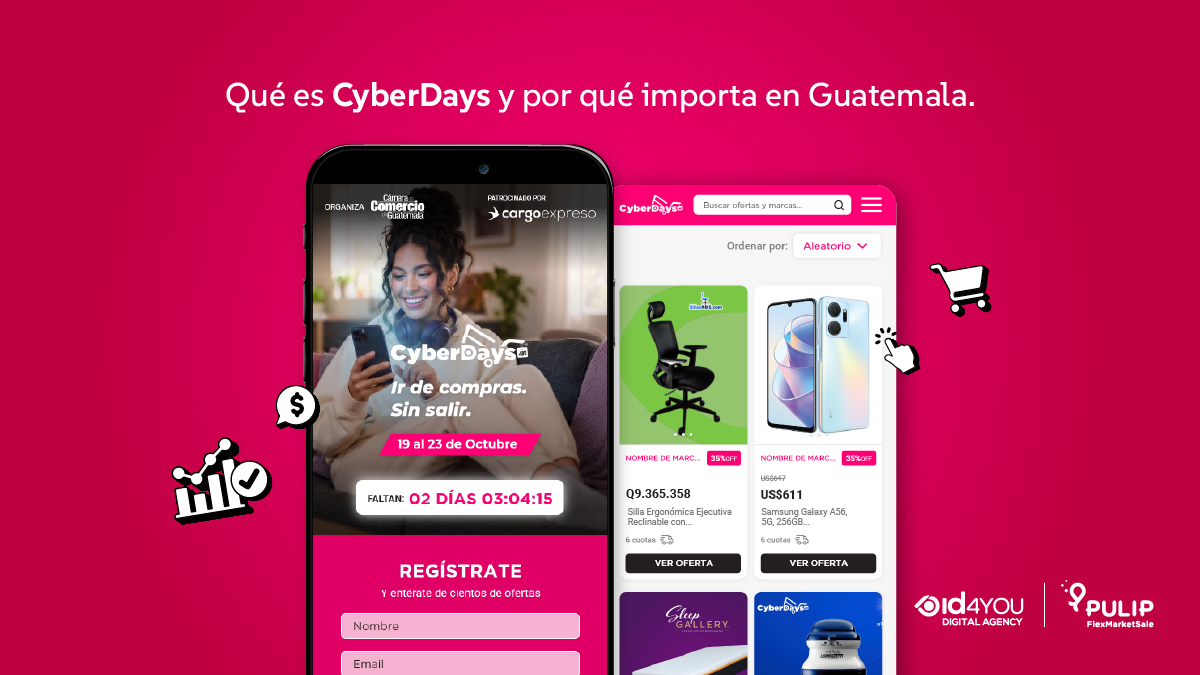 Banner publicitario con fondo magenta sobre CyberDays en Guatemala. En el encabezado se lee "Qué es CyberDays y por qué importa en Guatemala". Al centro se muestra la pantalla de un teléfono inteligente con la tienda en línea y ofertas de productos, junto con íconos de estadísticas, compras y logotipos de ID4YOU y PULIP.