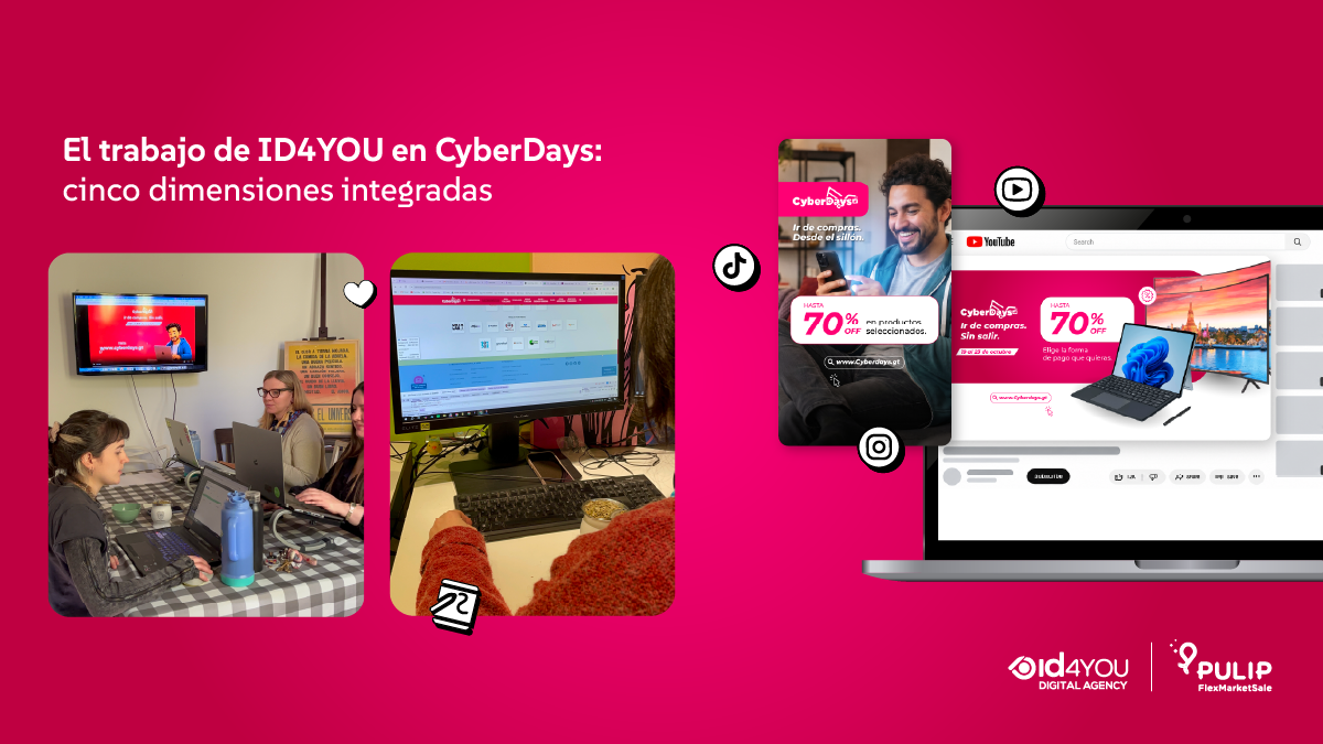 Banner publicitario con fondo magenta con el título "El trabajo de ID4YOU en CyberDays: cinco dimensiones integradas". Muestra fotos de un equipo de trabajo frente a computadoras, la pantalla de un teléfono inteligente con contenido promocional y una laptop reproduciendo un video publicitario de YouTube sobre descuentos en CyberDays.