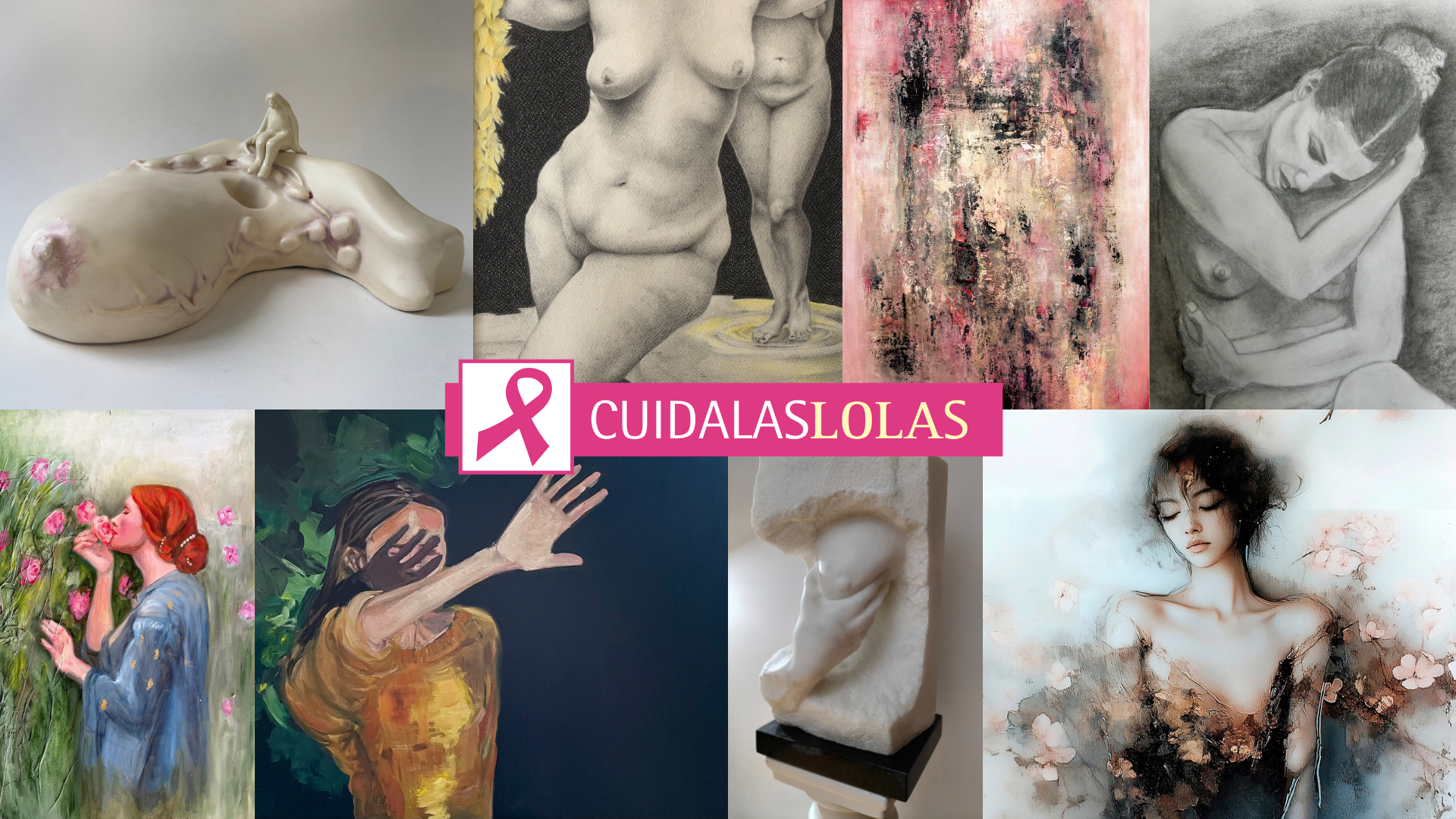 Imagen de portada promocional con fondo blanco sobre concientización del cáncer de mama. Incluye el logo de la campaña "CUIDALASLOLAS" con un lazo rosa y el título principal "Cuidá las Lolas 2026", acompañado por la bajada "Arte, detección temprana y comunidad. Otra edición histórica.". A la derecha y al centro se observan varias ilustraciones artísticas circulares de rostros y figuras humanas, el ícono del lazo rosa y el logotipo de ID4YOU en la esquina superior derecha.